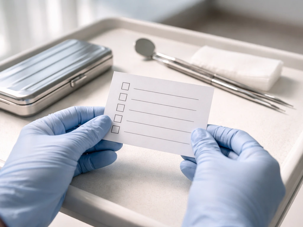 Close-up of a clean dental clinic exam room with a doctor’s gloved hand pointing to a blank checklist card