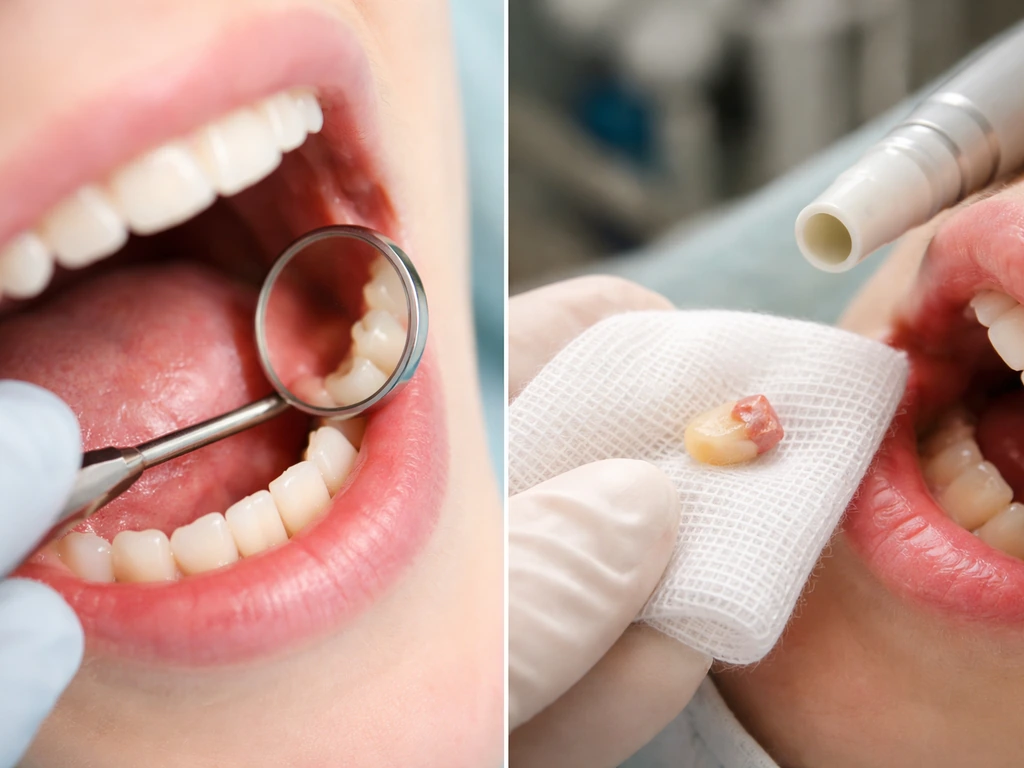 Dental clinic view showing an empty extraction area with clean healing and a separate trauma-style aftermath scene.