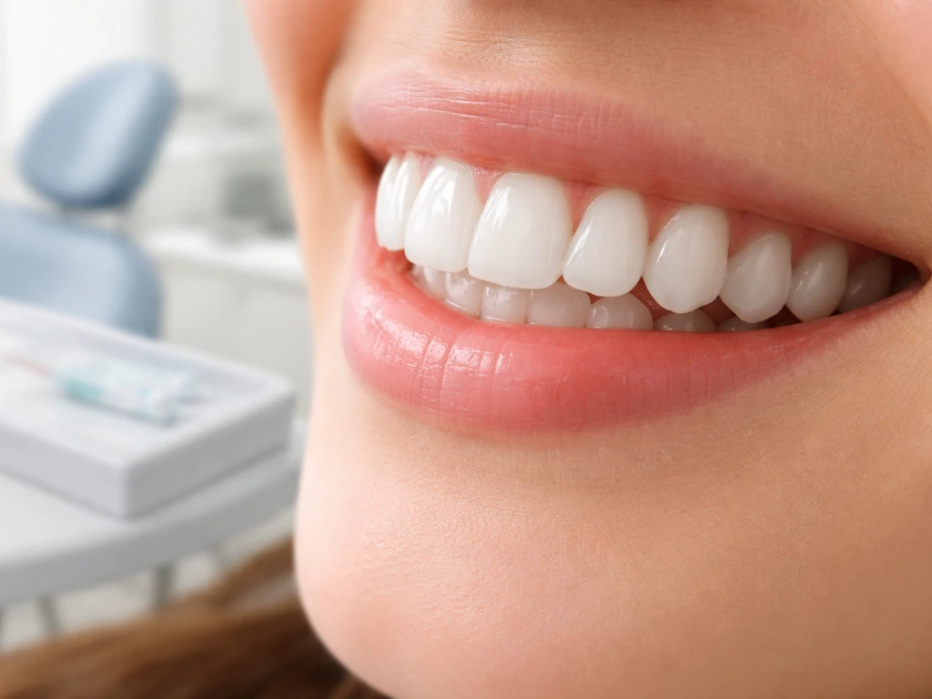 Close-up of adult teeth in a clean dental exam room with blurred dental care items in the background.