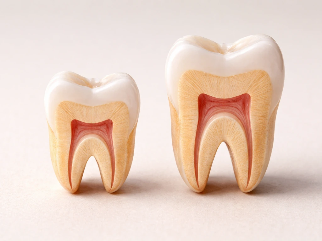Macro cross-section of two tooth layers, enamel over dentin for primary and permanent teeth.