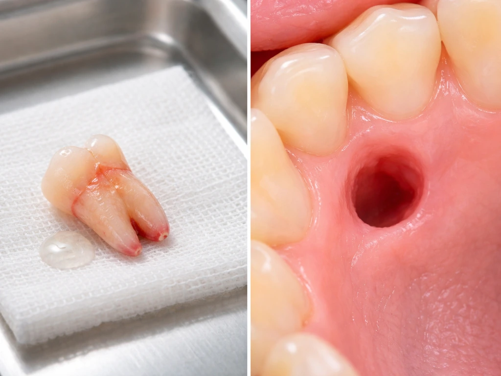 Dental extraction socket with two adjacent close-up views: missing tooth root and empty healed-looking area