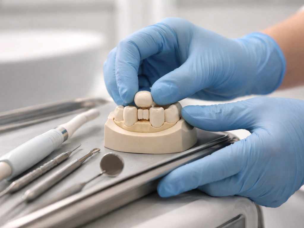 Dentist hands preparing a tooth restoration in a clean dental clinic, focused on a crown/onlay setup.