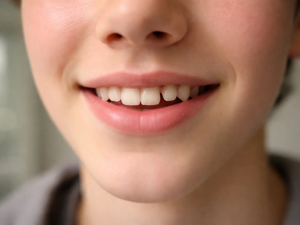 Teen’s smile with a subtle chipped/gap front tooth, softly lit bathroom close-up.
