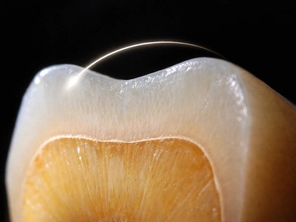 Macro view of tooth enamel texture with a highlight pointing to the non-regenerating outer layer.