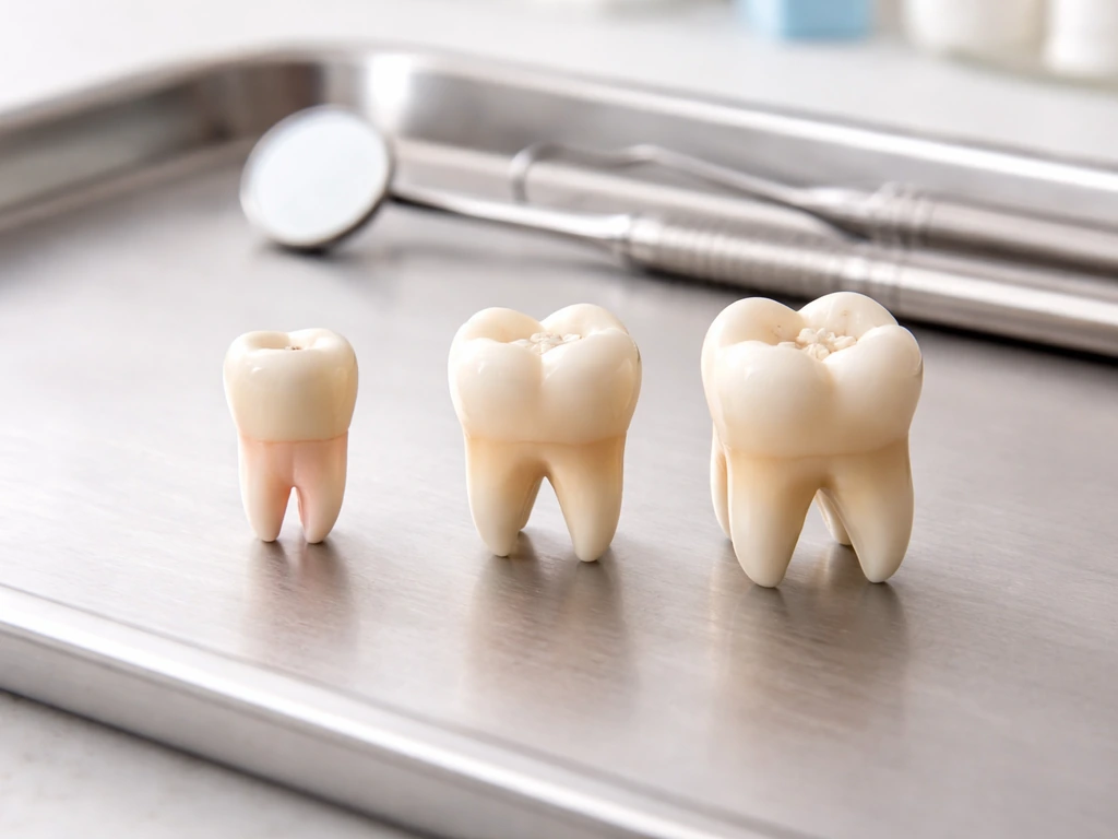 Close-up of anonymous tooth models on a clinic tray showing which teeth are late to appear at 15.