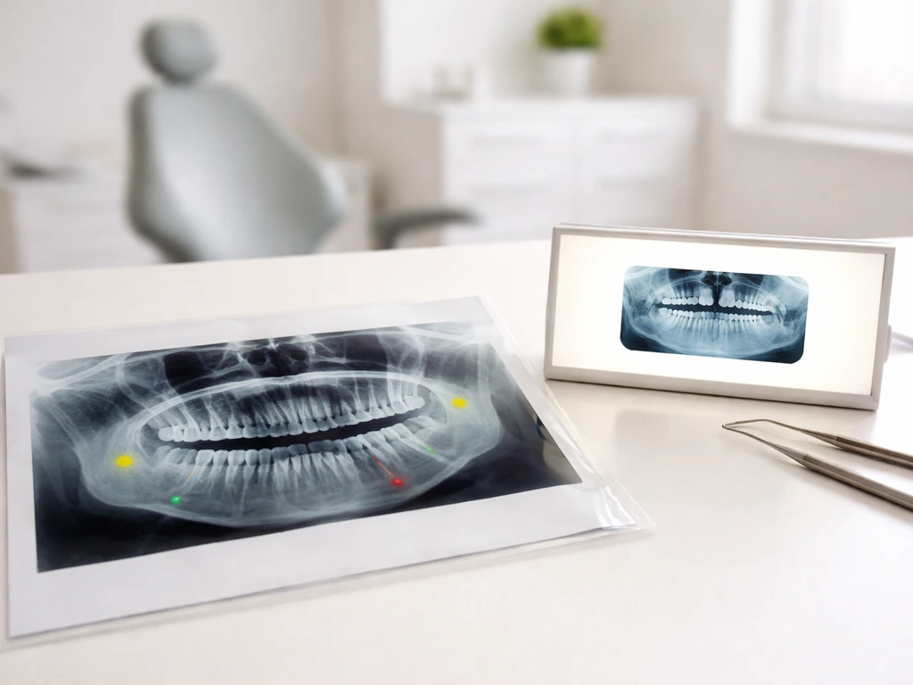 Dental X-ray films on a clinic lightbox, with small markers indicating eruption or impacted areas.