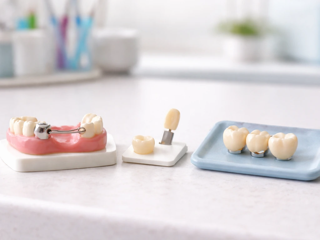 Three dental replacement options on a clean clinic counter for a missing tooth.